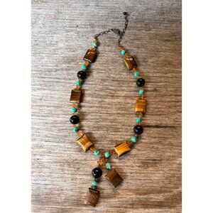 Tiger's Eye Turquoise & Black Onyx Beaded Necklace With Silver Clasp